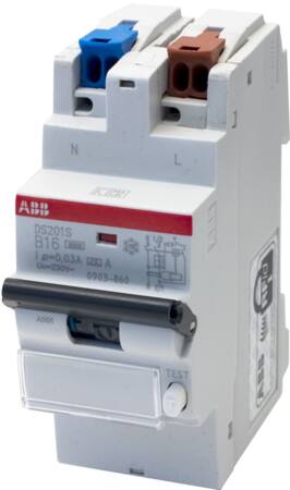 ABB Hafonorm aardlekautomaat, 1P+N B-karakteristiek, AC, 230V, 16A, 0.03A, IEC 6kA, EN 6kA, 50/60Hz, 2 mod, IP20